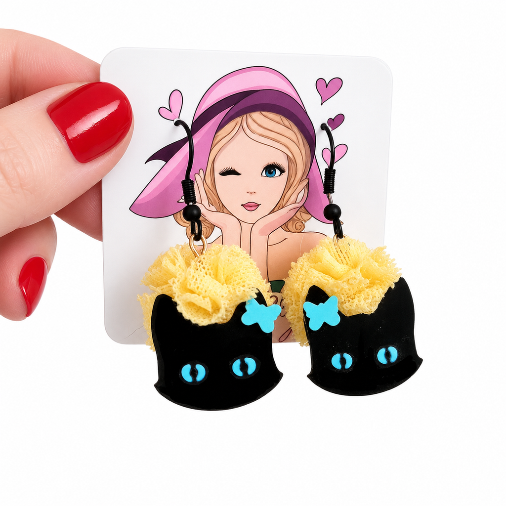 Pendientes con gato negro y destellos azules