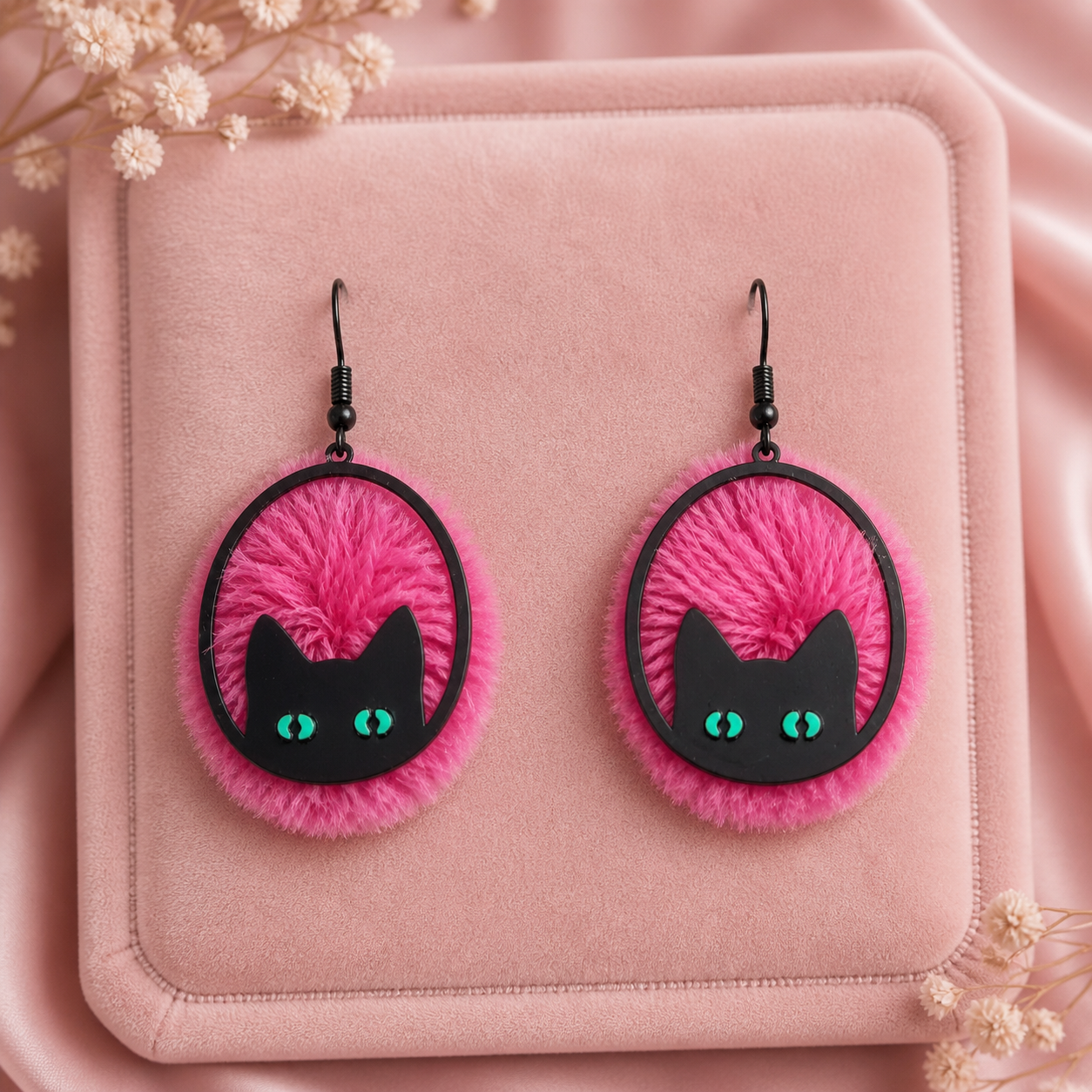 Pendientes con pompones rosa intenso y detalle de gato negro