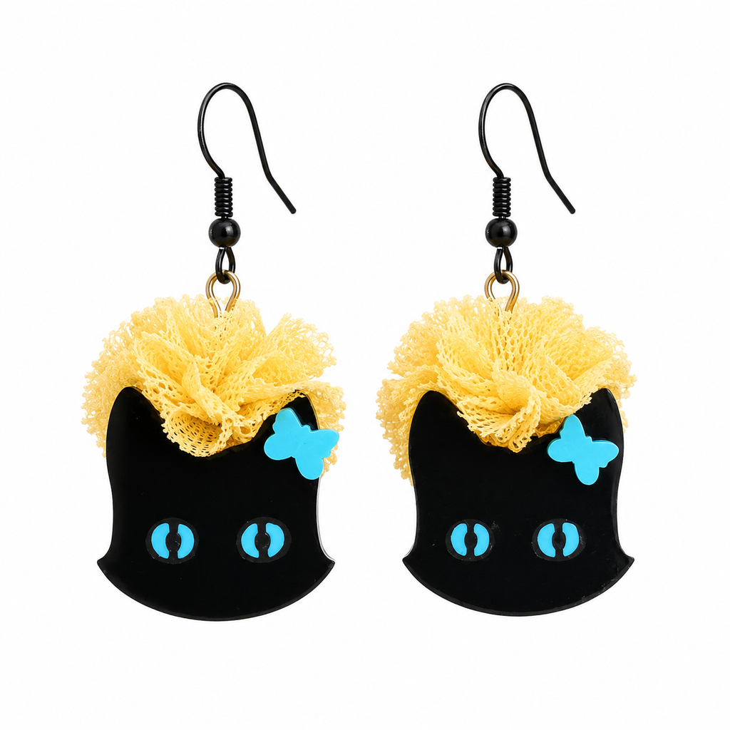 Pendientes con gato negro y destellos azules