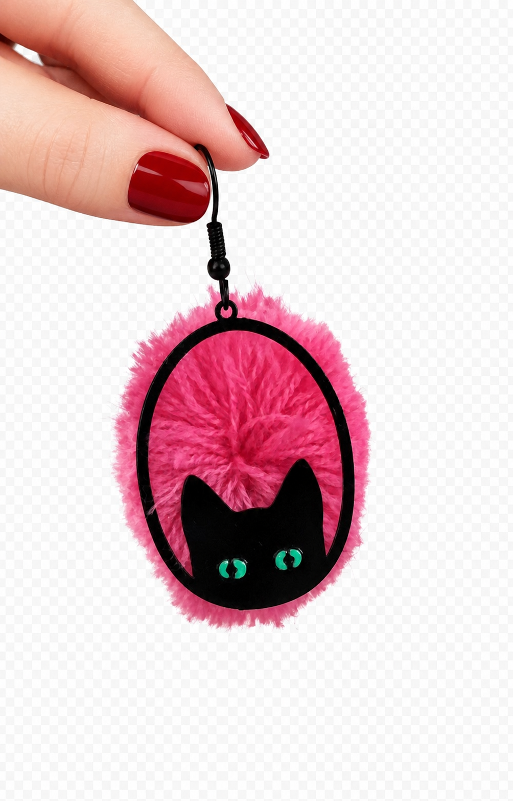 Pendientes con pompones rosa intenso y detalle de gato negro
