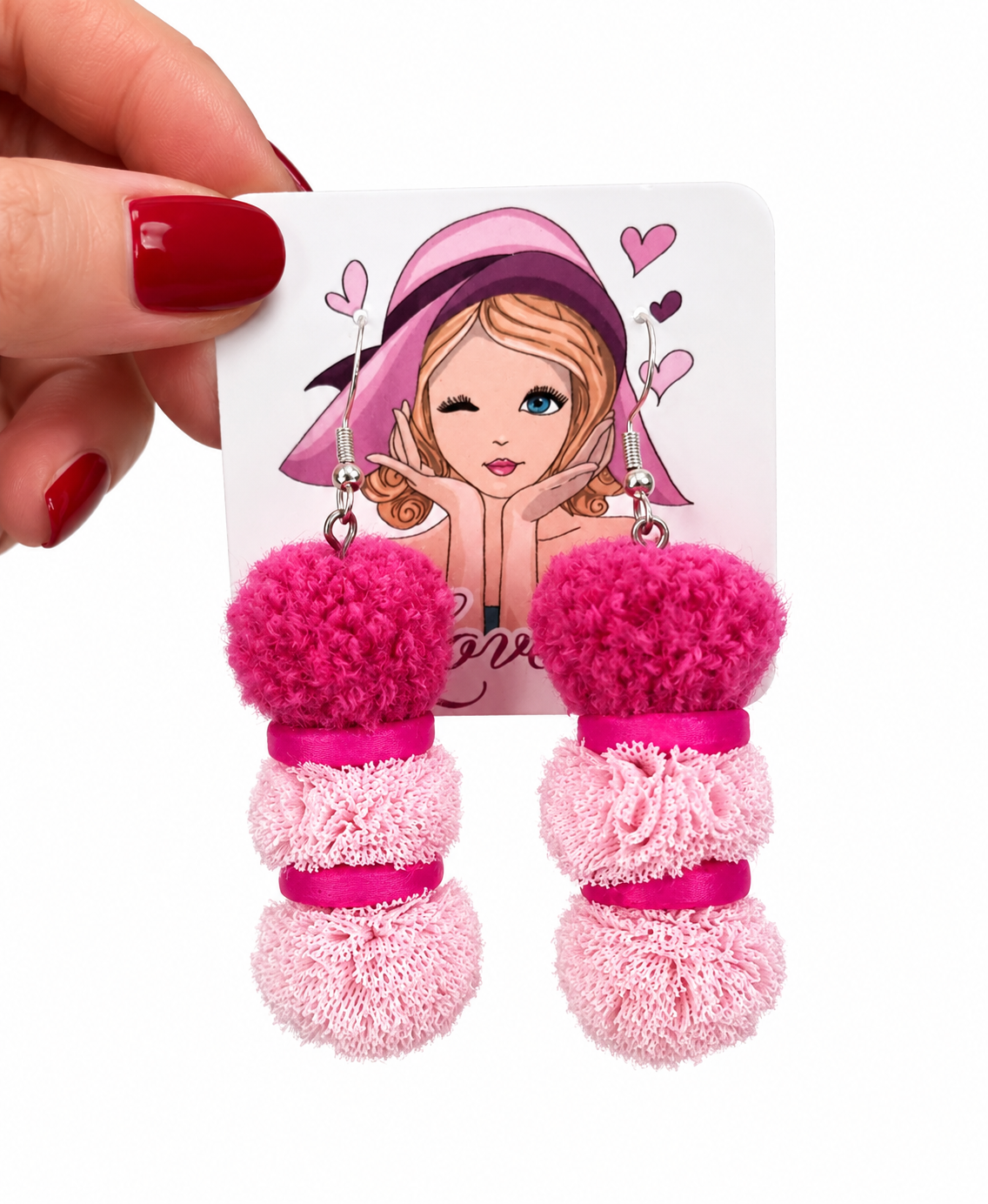 Pendientes de plata con pompones rosa