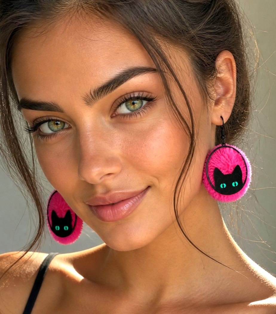 Pendientes con pompones rosa intenso y detalle de gato negro